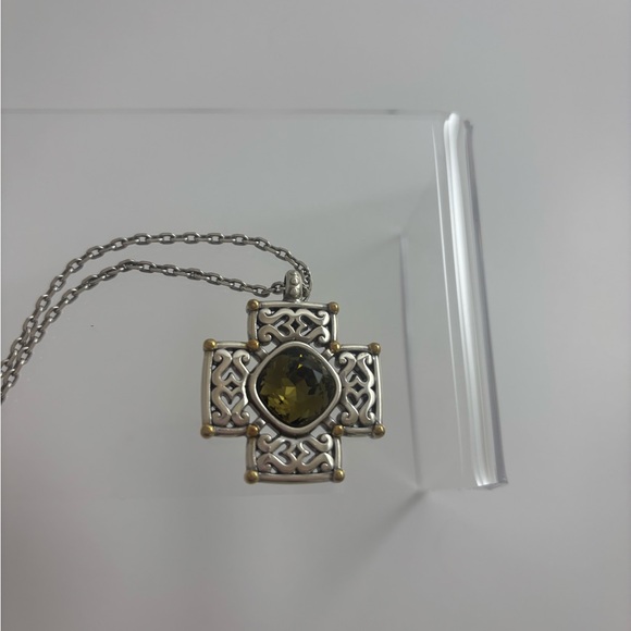 Brighton Deauville Silver and Gold Cross Necklace with Green Gem - Picture 3 of 5
